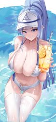 Rule 34 | absurdres, bikini, blue eyes, blue hair, breasts, cleavage, copyright request, crossed legs, cup, drinking glass, drinking straw, food, fruit, high ponytail, highres, holding, holding cup, large breasts, lemon, lemon slice, lemonade, long eyebrows, looking at viewer, navel, nevin (flyskying), ponytail, short shorts, shorts, swimsuit, thighhighs, thighs, water, wet, wet clothes, wet legwear