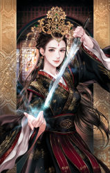 Rule 34 | 1girl, architecture, black hair, blurry, braid, breasts, brown eyes, chinese clothes, closed mouth, commentary, cover, cowboy shot, door, earrings, east asian architecture, elpenlit, embroidery, english commentary, eyelashes, fighting stance, fuyao, gem, glowing, glowing sword, glowing weapon, hair bun, hair pulled back, half updo, hanfu, highres, holster, jade (gemstone), jewelry, legend of fuyao, long hair, long sleeves, outstretched hand, pearl (gemstone), robe, single hair bun, smile, solo, sparkle, tiara, weapon