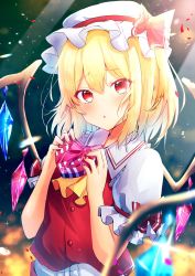 Rule 34 | 1girl, :o, ascot, blonde hair, blush, bow, box, buttons, center frills, collar, commentary request, crystal, eyelashes, flandre scarlet, floral bow, frilled collar, frills, furrowed brow, gift, hat, hat bow, hat ribbon, heart-shaped box, highres, holding, holding gift, mob cap, nail polish, one side up, open mouth, puffy short sleeves, puffy sleeves, rainbow order, red bow, red eyes, red nails, red ribbon, red vest, renka (cloudsaikou), ribbon, shirt, short hair, short sleeves, solo, sparkle, standing, touhou, vest, white hat, white shirt, wings, yellow ascot