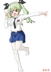 Rule 34 | 1girl, :d, absurdres, anchovy (girls und panzer), anzio school uniform, belt, black belt, black necktie, black ribbon, blue skirt, commentary, dated, dress shirt, drill hair, drops mint, emblem, full body, girls und panzer, green hair, hair ribbon, highres, index finger raised, leg up, long hair, long sleeves, looking at viewer, miniskirt, necktie, no shoes, open mouth, pantyhose, pleated skirt, red eyes, ribbon, school uniform, shirt, simple background, skirt, smile, solo, standing, standing on one leg, twin drills, twintails, v-shaped eyebrows, white background, white pantyhose, white shirt