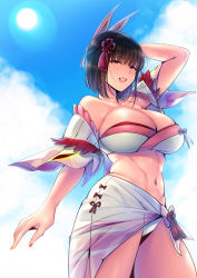 Rule 34 | 1girl, arm up, bad id, bad pixiv id, black hair, breasts, cleavage, highres, large breasts, lips, looking at viewer, mole, mole under mouth, navel, nemu (nora), red eyes, short hair, smile, solo, sunlight, swimsuit, thighs