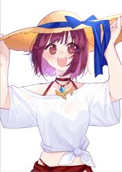 Rule 34 | 1girl, atelier (series), atelier sophie, bikini, bikini under clothes, blue bow, bow, hat, hat bow, highres, holding, holding clothes, holding hat, jewelry, necklace, open mouth, pink eyes, red hair, ryuuno6, shirt, short hair, short sleeves, simple background, smile, solo, sophie neuenmuller, straw hat, swimsuit, tied shirt, white background, white shirt