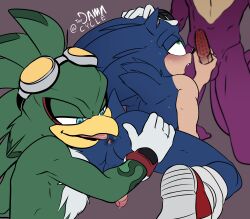 Rule 34 | 3boys, absurdres, anilingus, animal penis, anus, beak, blue eyes, blush, colored skin, cum, cumdrip, erection, espio the chameleon, furry, furry with furry, gloves, goggles, goggles on head, green eyes, green hair, handjob, highres, jet the hawk, multiple boys, penis, purple skin, shoes only, sonic (series), sonic the hedgehog, toned, toned male, toodamncycle, yaoi