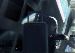 Rule 34 | 1girl, ahoge, aircraft, airplane, airport, baizai, black eyes, black hair, commentary request, highres, indoors, long hair, long sleeves, luggage, original, scenery, sitting, solo, suitcase