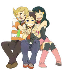 Rule 34 | 1girl, 2boys, bare arms, barry (pokemon), blonde hair, blue eyes, blunt bangs, boots, brown hair, brown pants, collared jacket, creatures (company), crossed legs, dawn (pokemon), denim, double v, full body, game freak, green scales, grin, half-closed eyes, hand on another&#039;s head, invisible chair, jacket, knees apart feet together, knees together feet apart, legs apart, lucas (pokemon), medium hair, multiple boys, nintendo, orange eyes, pants, pink footwear, pink skirt, pokemon, pokemon dppt, popped collar, raised eyebrows, red scarf, scarf, shirt, short hair, short sleeves, simple background, sitting, skirt, sleeveless, sleeveless shirt, smile, striped clothes, striped jacket, tareme, teeth, thighs, v, v-shaped eyebrows, very short hair, white background