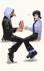 Rule 34 | 1boy, 1girl, absurdres, beak, black footwear, black hair, black jacket, black necktie, black pants, breasts, chainsaw man, collared shirt, confused, facing another, food, formal, giving, hair ornament, hairclip, higashiyama kobeni, highres, holding, holding food, holding ice cream, hood, hood up, ice cream, jacket, long sleeves, looking at object, mask, mole, mole under eye, mole under mouth, multiple moles, necktie, null (skev7724), pants, plague doctor mask, reaching, reaching towards viewer, shirt, short hair, short ponytail, simple background, single sidelock, sitting, small breasts, socks, suit, suit jacket, surprised, violence fiend (chainsaw man), white background, white hood, white shirt