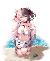 1girl absurdres apron beach black_skirt blue_eyes breasts brown_hair chest_harness choker cleavage collarbone commentary_request crab crop_top detached_sleeves frilled_choker frilled_shirt frills hair_ornament hair_ribbon hairclip hands_up harness highres large_breasts long_hair looking_at_viewer midriff mika_uni miniskirt multicolored_hair navel official_alternate_costume open_mouth pink_hair ribbon sandals shirt skirt sleeveless sleeveless_shirt smile solo split-color_hair squatting stomach tachibana_hinano_(vspo!_summer_2024) tachibana_hinano_(vtuber) two-tone_hair two_side_up very_long_hair vspo! waist_apron white_shirt wrist_cuffs