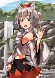 Rule 34 | 1girl, animal ears, ass cutout, bare shoulders, blush, breasts, clothing cutout, day, detached sleeves, hat, hide448, inubashiri momiji, looking at viewer, medium breasts, midriff, nature, open mouth, pom pom (clothes), red eyes, rock, short hair, silver hair, sky, solo, tail, tail through clothes, tokin hat, touhou, tree, water, waterfall, wolf ears, wolf tail