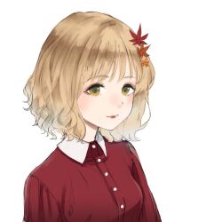 Rule 34 | 1girl, aki shizuha, autumn leaves, blonde hair, blush, breasts, hair ornament, leaf, leaf hair ornament, light smile, looking at viewer, maple leaf, medium breasts, nagata nagato, red shirt, shirt, short hair, simple background, solo, touhou, upper body, white background, yellow eyes