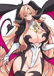 Rule 34 | 1girl, blonde hair, breasts, covered navel, cowboy shot, demon girl, demon horns, demon tail, demon wings, hair between eyes, highres, horns, large breasts, long hair, long sleeves, looking at viewer, nun, original, pointy ears, red eyes, shirt, simple background, smile, solo, standing, symbol-only commentary, tail, takatsuki ichi, very long hair, white shirt, wings