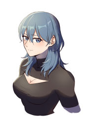 Rule 34 | 1girl, blue eyes, blue hair, blush, breasts, byleth (female) (fire emblem), byleth (fire emblem), cleavage, cleavage cutout, closed mouth, clothing cutout, commentary request, cropped torso, fire emblem, fire emblem: three houses, hair between eyes, long hair, looking at viewer, nintendo, riromomo, short sleeves, simple background, smile, solo, turtleneck, upper body, white background