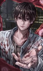 Rule 34 | 1boy, black hair, black shirt, blood, blood on clothes, blood on face, chainsaw man, ear piercing, highres, jacket, karusou777, looking at viewer, male focus, mole, mole under mouth, multiple piercings, octopus devil (chainsaw man), piercing, reaching, reaching towards viewer, shirt, short hair, smile, solo, tentacles, white jacket, yoshida hirofumi