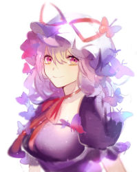 Rule 34 | 1girl, arms at sides, blonde hair, breasts, bug, butterfly, cleavage, hair between eyes, hat, hat ribbon, highres, insect, large breasts, light smile, long hair, looking at viewer, puffy short sleeves, puffy sleeves, purple eyes, ribbon, short sleeves, sketch, solo, touhou, upper body, vima, wavy hair, yakumo yukari