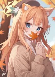 Rule 34 | 1girl, alternate costume, animal ears, autumn, autumn leaves, beret, blue archive, blue eyes, blush, brown hat, brown jacket, flower, guri (gri1211), hair flower, hair ornament, hat, highres, holding, holding leaf, jacket, leaf, long hair, long sleeves, looking at viewer, maple leaf, mari (blue archive), orange hair, signature, solo, sweater, upper body, white flower, white sweater