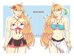 Rule 34 | 2girls, ahoge, bare shoulders, bikini, blonde hair, bracelet, breasts, cleavage, earrings, flower, frills, jewelry, lips, long hair, milla (fractured), milla maxwell, multicolored hair, multiple girls, nail polish, navel, pink eyes, ribbon, skirt, striped, striped background, swimsuit, tales of (series), tales of xillia, tales of xillia 2
