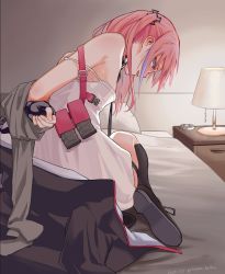 Rule 34 | 1girl, armpit crease, armpit peek, arms behind back, bdsm, bed, black gloves, blue eyes, blush, bondage, bound, buckle, coat, collar, dress, fingerless gloves, girls&#039; frontline, gloves, highres, leash, looking back, magazine (weapon), mitsusaka mitsumi, multicolored hair, open mouth, pillow, pink hair, side ponytail, single thighhigh, slave, snap-fit buckle, solo, st ar-15 (girls&#039; frontline), streaked hair, thighhighs, white dress