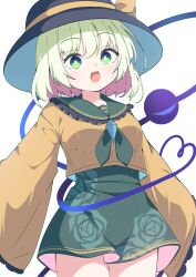 1girl :d absurdres black_hat breasts commentary_request cowboy_shot darumoon floral_print green_eyes green_hair green_neckerchief green_skirt hair_between_eyes hat hat_ribbon heart heart_of_string high-waist_skirt highres komeiji_koishi long_sleeves looking_at_viewer neckerchief open_mouth ribbon rose_print sailor_collar shirt short_hair simple_background skirt small_breasts smile solo third_eye touhou white_background wide_sleeves yellow_ribbon yellow_shirt