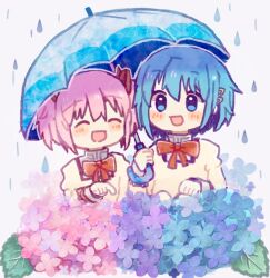 2girls :d ^_^ blue_eyes blue_flower blue_hair blue_umbrella blush bob_cut bow bowtie closed_eyes closed_mouth commentary facing_another field flower flower_field hair_between_eyes hair_bow hair_ornament hair_ribbon hairclip hand_up holding holding_umbrella kaname_madoka leaf long_sleeves looking_at_another mahou_shoujo_madoka_magica miki_sayaka mitakihara_school_uniform multiple_girls okayutoma open_mouth pink_bow pink_flower pink_ribbon pointing purple_flower rain red_bow red_bowtie ribbon school_uniform shared_umbrella shirt short_hair side-by-side smile two_side_up umbrella under_umbrella upper_body water_drop white_background white_shirt yellow_shirt