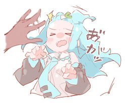 Rule 34 | &gt; &lt;, 1girl, 1other, absurdres, black sleeves, blue hair, blue necktie, blue trim, blush, closed eyes, collared shirt, commentary request, detached sleeves, flick, food-themed hair ornament, forehead flick, hair ornament, hatsune miku, highres, long hair, long sleeves, necktie, nunumo, open mouth, shirt, simple background, sleeveless, sleeveless shirt, solo focus, spring onion hair ornament, tie clip, translation request, upper body, vocaloid, white background, white shirt