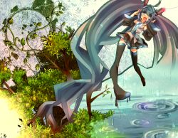 Rule 34 | 1girl, :o, aqua eyes, aqua hair, bad id, bad pixiv id, boots, detached sleeves, female focus, haru (oomr005), hatsune miku, headset, long hair, nature, necktie, open mouth, outdoors, plant, skirt, solo, tears, thigh boots, thighhighs, twintails, very long hair, vocaloid, water