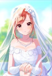 Rule 34 | 1girl, arisugawa natsuha, bad id, bad pixiv id, blue nails, blurry, blurry background, blurry foreground, blush, breasts, bridal veil, brown eyes, brown hair, cleavage, collarbone, commentary request, day, depth of field, detached sleeves, dress, fingernails, head tilt, highres, idolmaster, idolmaster shiny colors, jewelry, long sleeves, medium breasts, misumi (macaroni), nail polish, necklace, outdoors, parted lips, pearl necklace, pov, see-through, sidelocks, solo focus, strapless, strapless dress, swept bangs, upper body, veil, wedding dress, white dress, white sleeves