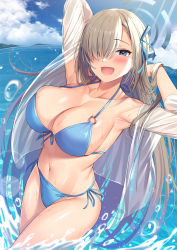 Rule 34 | 1girl, :d, armpits, arms behind head, arms up, asuna (blue archive), bikini, blue archive, blue bikini, blue eyes, blue ribbon, blue sky, blush, breasts, cleavage, cloud, cowboy shot, day, front-tie top, hair over one eye, hair ribbon, halo, halterneck, highres, large breasts, light brown hair, long hair, looking at viewer, navel, o-ring, o-ring bikini, ocean, off shoulder, one eye covered, open clothes, open mouth, open shirt, outdoors, ribbon, see-through, see-through shirt, side-tie bikini bottom, sky, smile, solo, stomach, string bikini, super nagoyaka, swimsuit, thighs, tsurime, very long hair, water, water drop, wet, wet clothes