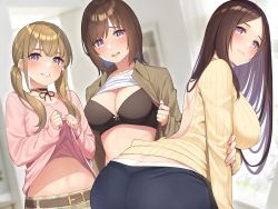Rule 34 | 3girls, absurdres, arm under breasts, ass, black bra, blurry, blurry background, bra, breasts, brown hair, choker, cleavage, clothes lift, depth of field, from side, go-1, highres, indoors, large breasts, leaning forward, lifting own clothes, light brown hair, light smile, long hair, long sleeves, looking at viewer, medium hair, multiple girls, navel, non-web source, orange eyes, original, panties, parted bangs, parted lips, ribbed sweater, shirt lift, short hair, siblings, sidelocks, sisters, small breasts, smile, sweater, twintails, underwear, white panties