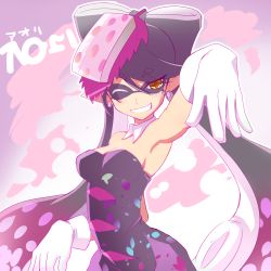Rule 34 | + +, 1girl, arm up, armpits, bare shoulders, black dress, black hair, bow, breasts, callie (splatoon), cleavage, commentary request, detached collar, dress, earrings, food, food on head, gloves, grin, hair bow, hat, ikkyuu, inkling, jewelry, long hair, looking at viewer, mole, mole under eye, nintendo, object on head, one eye closed, pointy ears, smile, solo, splatoon (series), splatoon 1, strapless, symbol-shaped pupils, tentacle hair, tentacles, white gloves, yellow eyes