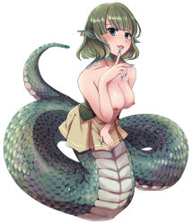 Rule 34 | 1girl, blue eyes, blush, breasts, earrings, fingernails, green hair, highres, hoop earrings, jewelry, lamia, long fingernails, looking at viewer, monster girl, nipples, open mouth, pointy ears, scales, short hair, sizuori, skirt, smile, solo, topless