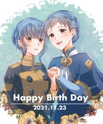 Rule 34 | 2021, 2girls, blue capelet, blue dress, blue hair, blunt bangs, blush, braid, brown eyes, buttons, capelet, commentary request, crown braid, dated, dress, dual persona, english text, epaulettes, fire emblem, fire emblem: three houses, garreg mach monastery uniform, happy birthday, highres, holding hands, long sleeves, looking at viewer, marianne von edmund, multiple girls, nintendo, open mouth, short hair, short hair with long locks, sidelocks, smile, time paradox, tongue, twitter username, uniform, upper body, yutohiroya