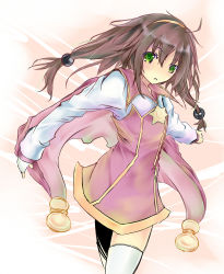 Rule 34 | 1girl, brown hair, cape, coat, expressionless, green eyes, hairband, highres, lilka eleniak, long hair, low-tied long hair, mag (giraffe009), no nose, skirt, solo, thighhighs, twintails, white thighhighs, wild arms, wild arms 2