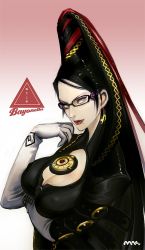 Rule 34 | 1girl, bayonetta, bayonetta (series), black hair, blue eyes, breast hold, breasts, cleavage cutout, clothing cutout, covered erect nipples, earrings, elbow gloves, eyeshadow, female focus, glasses, gloves, gradient background, highres, jewelry, large breasts, lips, lipstick, long hair, makeup, mhk (mechamania), mole, sega, smile, solo, very long hair