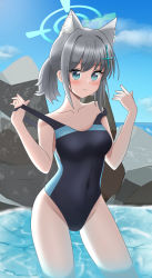 Rule 34 | 1girl, animal ear fluff, animal ears, black one-piece swimsuit, blue archive, blue eyes, blue sky, breasts, clothes pull, cloud, cobalt (cobalt426), competition swimsuit, contrapposto, covered navel, cowboy shot, cross hair ornament, day, artistic error, extra digits, extra ears, grey hair, hair ornament, halo, highres, horizon, low ponytail, medium breasts, medium hair, mismatched pupils, multicolored clothes, multicolored swimsuit, ocean, one-piece swimsuit, one-piece swimsuit pull, outdoors, rock, shiroko (blue archive), shiroko (swimsuit) (blue archive), sky, soaking feet, solo, standing, swimsuit