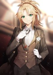 Rule 34 | 1girl, bad id, bad twitter id, blonde hair, blurry, blurry background, blush, brown jacket, brown necktie, brown vest, chain, collared shirt, commentary, cowboy shot, depth of field, fate/grand order, fate (series), flower, gambe, gloves, green eyes, grey pants, grin, hair ornament, hair scrunchie, hand up, highres, jacket, light particles, looking at viewer, mordred (fate), mordred (fate/apocrypha), mordred (formal dress) (fate), necktie, neckwear grab, open clothes, open jacket, pants, parted bangs, parted lips, ponytail, scrunchie, shirt, smile, solo, standing, v-shaped eyebrows, vest, white flower, white gloves, wing collar