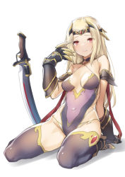 Rule 34 | 1girl, 47agdragon, black headband, black leotard, black thighhighs, blonde hair, borrowed character, breasts, breasts apart, covered navel, elbow gloves, gloves, headband, highres, leotard, long hair, looking at viewer, medium breasts, original, parted lips, red eyes, shadow, sitting, solo, thighhighs, thighs, white background