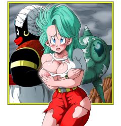 Rule 34 | 1boy, 1girl, aqua hair, blue eyes, breast hold, breasts, bulma, dragon ball, highres, large breasts, looking at viewer, nipples, non-web source, open mouth, spacecraft, torn clothes, turban, yamamoto doujin
