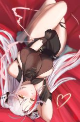 Rule 34 | 1girl, antenna hair, azur lane, black dress, black gloves, black ribbon, breasts, cafenami, clothing cutout, dress, evening gown, gloves, hair ribbon, heart, highres, large breasts, long hair, looking at viewer, lying, multicolored hair, official alternate costume, on back, prinz eugen (azur lane), prinz eugen (cordial cornflower) (azur lane), red hair, resolution mismatch, ribbon, shoulder cutout, solo, source larger, streaked hair, thighs, two-tone hair, upside-down, white hair, yellow eyes