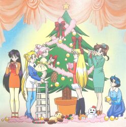 Rule 34 | bishoujo senshi sailor moon, chibi usa, christmas cd, christmas ornaments, christmas tree, highres, hino rei, kino makoto, mizuno ami, official art, ribbon, tsukino usagi