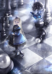 Rule 34 | 1girl, alice in wonderland, black cat, blonde hair, blue eyes, board game, bug, butterfly, cat, checkered floor, chess, chess piece, crown, dress, english text, hairband, hane segawa, highres, insect, king (chess), knight (chess), lace, long sleeves, original, pawn (chess), solo