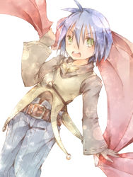 Rule 34 | 1boy, archer (ragnarok online), belt, blue hair, blue shorts, brown belt, brown gloves, brown shirt, commentary request, cowboy shot, dutch angle, gloves, green eyes, hair between eyes, holding, long sleeves, looking at viewer, lunaraven, male focus, muneate, open mouth, ragnarok online, shirt, short hair, shorts, simple background, solo, white background