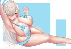 Rule 34 | 1girl, absurdres, alternate costume, armpits, arms up, asuna (blue archive), barefoot, bikini, bikini skirt, blonde hair, blue archive, blue background, blue eyes, breasts, commentary request, curvy, grin, hair over one eye, halo, highres, huge breasts, long hair, looking at viewer, on ground, simple background, smile, solo, swimsuit, tf cafe, two-tone background, very long hair, white background, white bikini