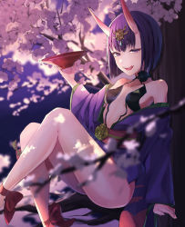 Rule 34 | 1girl, absurdres, ankle ribbon, bad id, bad pixiv id, bob cut, breasts, cherry blossoms, cup, eyeliner, fate/grand order, fate (series), headpiece, highres, horns, ichiya1115, japanese clothes, kimono, leg ribbon, makeup, obi, oni, open clothes, open kimono, purple eyes, purple hair, purple kimono, red ribbon, revealing clothes, ribbon, sakazuki, sash, short eyebrows, short hair, shuten douji (fate), sitting, skin-covered horns, small breasts, solo