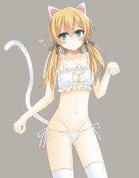 Rule 34 | 10s, 1girl, :o, animal ears, blonde hair, blush, bra, breasts, cat ear panties, cat ears, cat lingerie, cat tail, cleavage, cleavage cutout, clothing cutout, grey background, heart, kantai collection, kemonomimi mode, long hair, meme attire, navel, panties, paw pose, prinz eugen (kancolle), shi6kurutto, side-tie panties, simple background, solo, tail, thighhighs, twintails, underwear, white bra, white panties