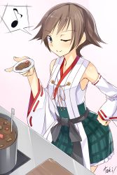 Rule 34 | 10s, 1girl, artist name, bare shoulders, black eyes, brown eyes, brown hair, cooking, detached sleeves, frilled skirt, frills, green skirt, hand on own hip, hiei (kancolle), highres, kantai collection, looking at viewer, musical note, no headwear, nontraditional miko, one eye closed, plaid, plaid skirt, pleated skirt, pot, quaver, ribbon-trimmed sleeves, ribbon trim, short hair, skirt, smile, solo, spoken musical note, toki/
