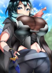Rule 34 | 1girl, absurdres, blue eyes, breasts, byleth (female) (fire emblem), byleth (fire emblem), clothing cutout, dagger, fire emblem, fire emblem: three houses, green hair, highres, knife, large breasts, looking at viewer, looking down, midriff, midriff peek, navel, nintendo, shirt, shorts, sky, solo, stomach cutout, tiamat (momokuri mannen), weapon