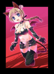 Rule 34 | 1girl, :d, animal ears, black gloves, black thighhighs, blue eyes, border, breasts, brown hair, cleavage, collar, cosplay, disgaea, earrings, elbow gloves, etna (disgaea), etna (disgaea) (cosplay), gloves, highres, imu sanjo, jewelry, large breasts, long hair, lynette bishop, midriff, navel, open mouth, ponytail, single earring, smile, solo, strike witches, tail, thighhighs, wings, world witches series