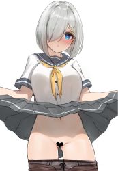Rule 34 | 1girl, absurdres, black pantyhose, blue eyes, breasts, censored, clothes lift, clothes pull, grey skirt, hair ornament, hair over one eye, hairclip, hamakaze (kancolle), heart, heart censor, highres, kantai collection, large breasts, lifted by self, miniskirt, navel, neckerchief, onion (kumagaioyr), panties, panty pull, pantyhose, pantyhose pull, pleated skirt, short hair, silver hair, skirt, skirt lift, solo, underwear, white panties, yellow neckerchief