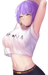 Rule 34 | 1girl, armpits, arms behind head, breasts, closed eyes, dobure18, highres, hololive, hololive indonesia, large breasts, midriff, moona hoshinova, moona hoshinova (3rd costume), moona hoshinova (casual), navel, official alternate costume, pectorals, purple hair, see-through, short hair, simple background, solo, virtual youtuber, white background