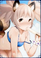 Rule 34 | 1girl, absurdres, all fours, animal ears, bikini, bikini top only, blush, bottomless, brown eyes, brown hair, collarbone, dirty, dog ears, eating, elin, flat chest, food, highres, long hair, mojarin (kihara mojarin), outdoors, popsicle, sexually suggestive, solo, strap slip, swimsuit, tail, tera online, twintails