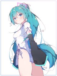 Rule 34 | 1girl, aqua eyes, aqua hair, black sleeves, border, breasts, china dress, chinese clothes, closed mouth, detached sleeves, dress, from side, halkawa501, hatsune miku, highres, long hair, medium breasts, simple background, sleeves past fingers, sleeves past wrists, smile, solo, standing, twintails, very long hair, vocaloid, white background, white border, white dress, wide sleeves